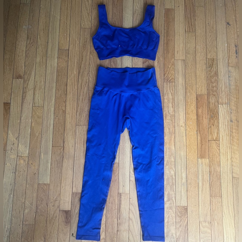 Blue 2 Piece Ribbed Matching Workout Set - Picture 1 of 7